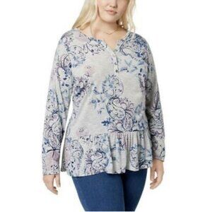 Style & Co Women Top Blouse Plus Size 1X Gray Long Sleeve Stretch Floral NWT